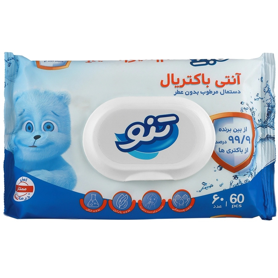 دستمال مرطوب بدون عطر آنتی باکتریال 60 عددی